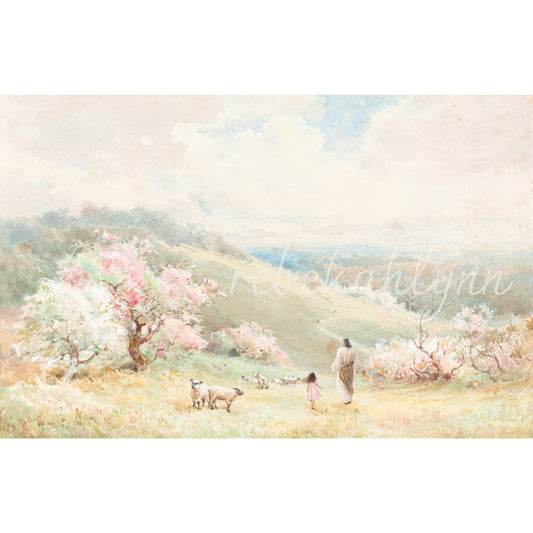 Jesus Walking with Girl in a Field – Pastel Faith-Inspired Print of Divine Love and Invitation- Christian Art
