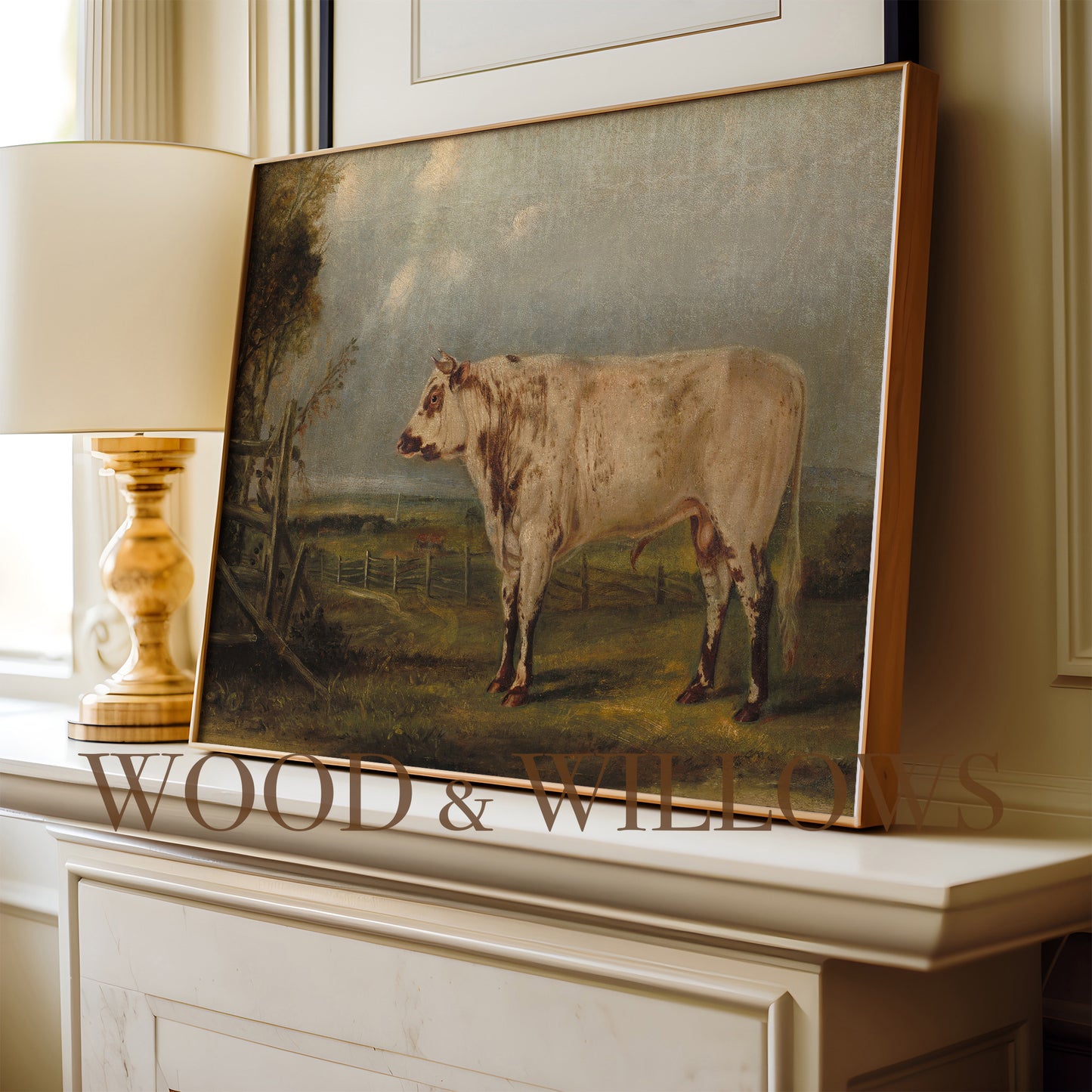 Vintage White Bull Art Print | Farm Animal Scene Reprint for Rustic Home Décor